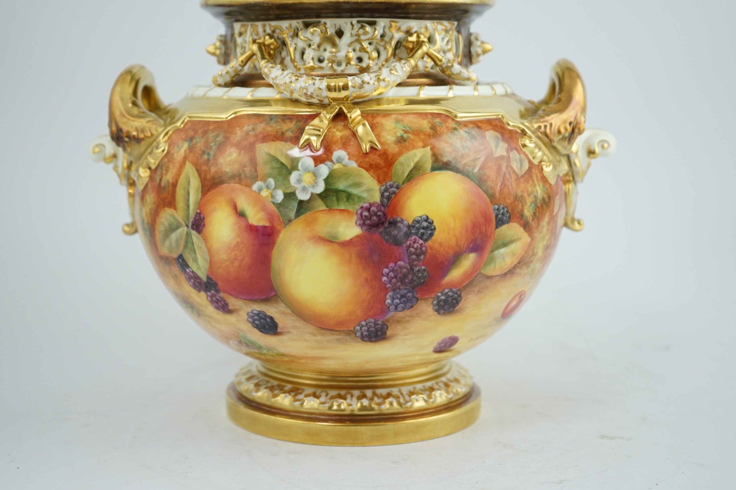 An impressive Royal Worcester fruit painted pot pourri vase and cover, by P. Stanley, post war